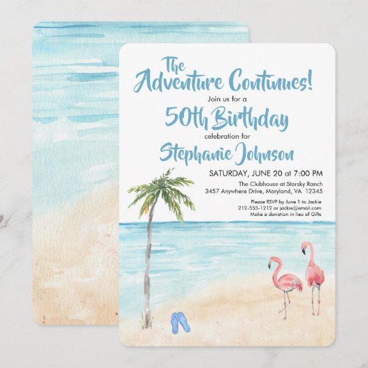 Tropisch strand avontuur 50th Birthday Party Blue Kaart (Voorkant / Achterkant)