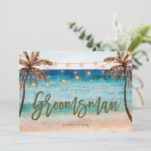 Tropisch strand Be My Groomsman Voorstelkaart Bedankkaart (Staand voorkant)