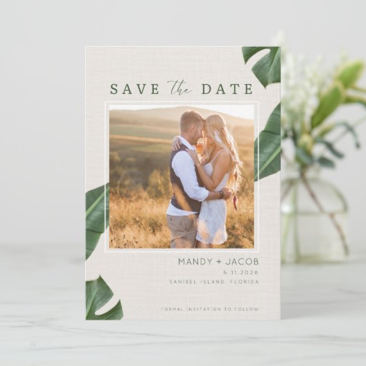 Tropisch strand Beach Photo Weddenschap Save the D Save The Date (Staand voorkant)