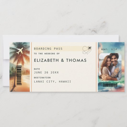 Tropisch strand Bestemming Boarding Pass Bruiloft Kaart (Voorkant)