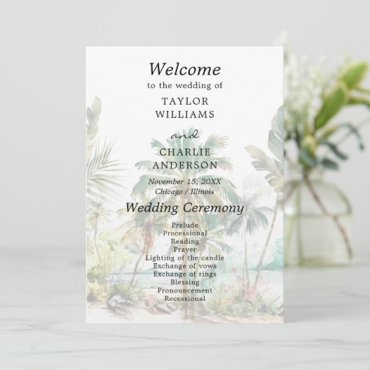 Tropisch strand bestemming bruiloft programma programmakaart (Staand voorkant)