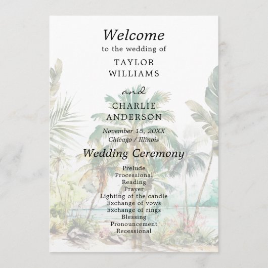 Tropisch strand bestemming bruiloft programma programmakaart (Voorkant)