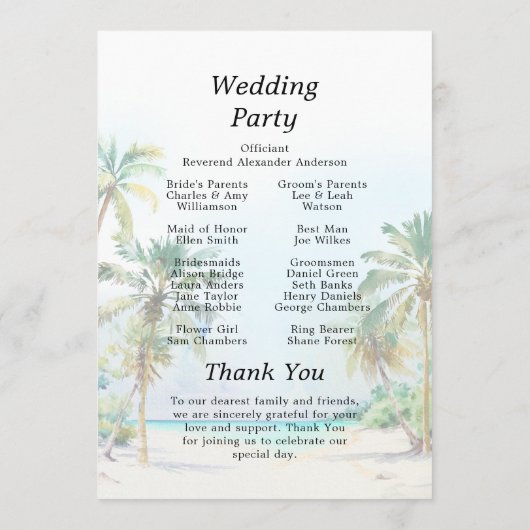 Tropisch strand bestemming bruiloft programma programmakaart (Achterkant)