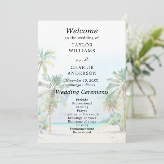 Tropisch strand bestemming bruiloft programma programmakaart (Staand voorkant)