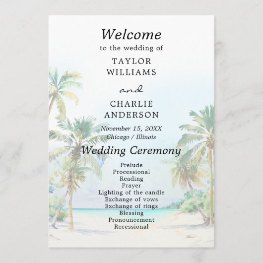 Tropisch strand bestemming bruiloft programma programmakaart (Voorkant)