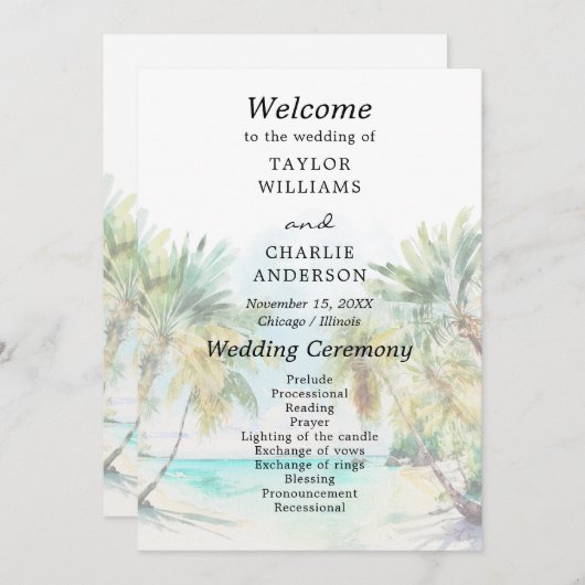 Tropisch strand bestemming bruiloft programma programmakaart (Voorkant / Achterkant)