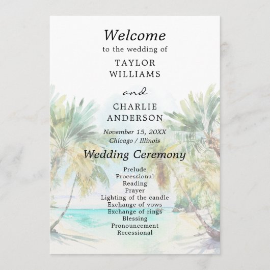 Tropisch strand bestemming bruiloft programma programmakaart (Voorkant)
