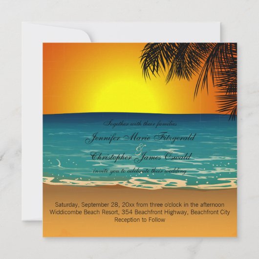 Tropisch strand bij zonsondergang bruiloft kaart (Achterkant)