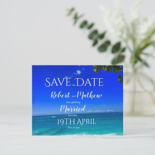Tropisch strand Blauw opslaan Datum Save The Date (Staand voorkant)