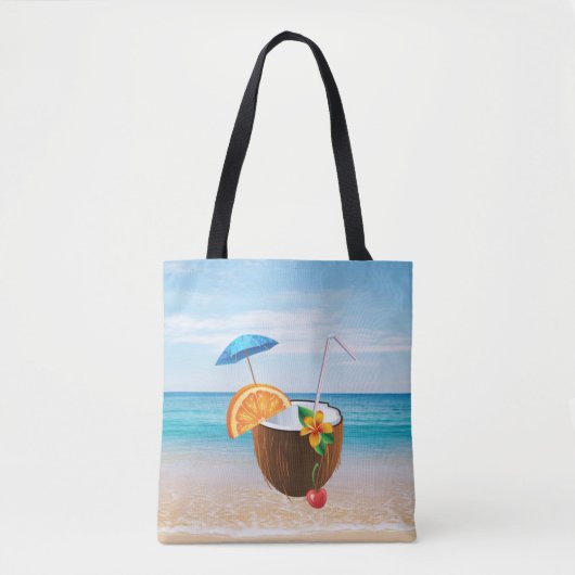Tropisch strand, Blauwe hemel, Ocean Sand, Coconut Tote Bag (Voorkant)