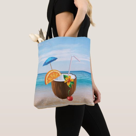 Tropisch strand, Blauwe hemel, Ocean Sand, Coconut Tote Bag (Dichtbij)