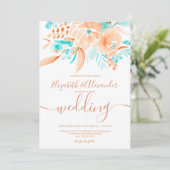 Tropisch strand blauwe koraalbloemigen bruiloft kaart (Staand voorkant)
