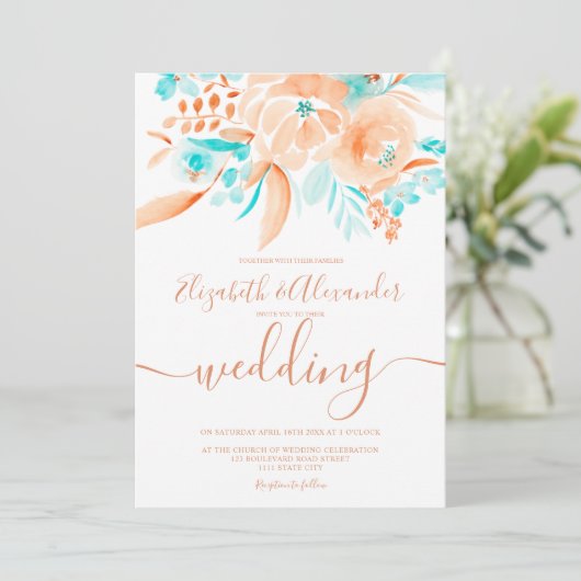 Tropisch strand blauwe koraalbloemigen bruiloft kaart (Staand voorkant)
