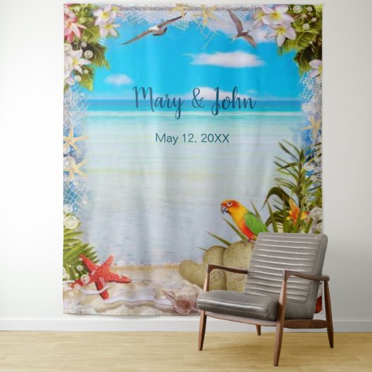 Tropisch strand bloemen bruiloft foto achtergrond wandkleed (In situ)