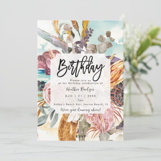 Tropisch strand bloemen verjaardagsfeestje kaart (Staand voorkant)