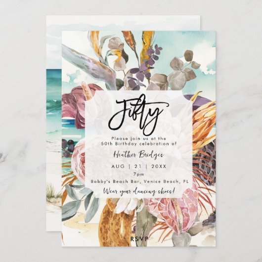 Tropisch strand bloemenfeest 50e verjaardag kaart (Voorkant / Achterkant)