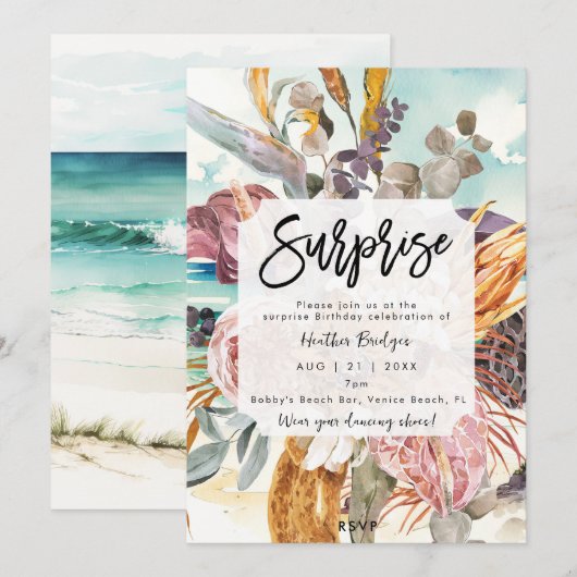 Tropisch strand bloemenverrassingsverjaardagsfeest kaart (Voorkant / Achterkant)