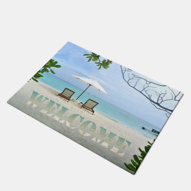 Tropisch strand, braadstoel welkom deurmat (Schuin)