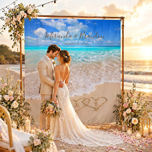 Tropisch strand bruiloft achtergrond met blauwe oc wandkleed