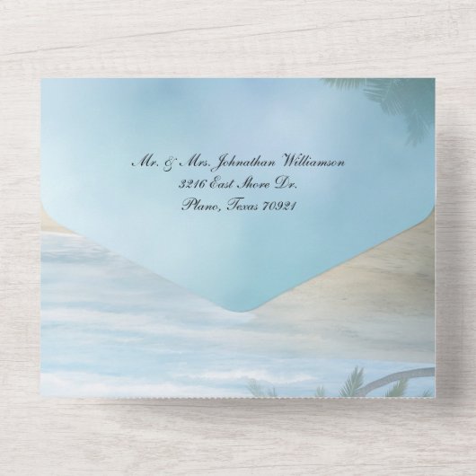 Tropisch strand bruiloft all in one uitnodiging (Achterkant)