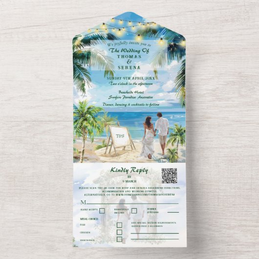 Tropisch strand bruiloft QR-code Aqua All In One Uitnodiging (Binnen)