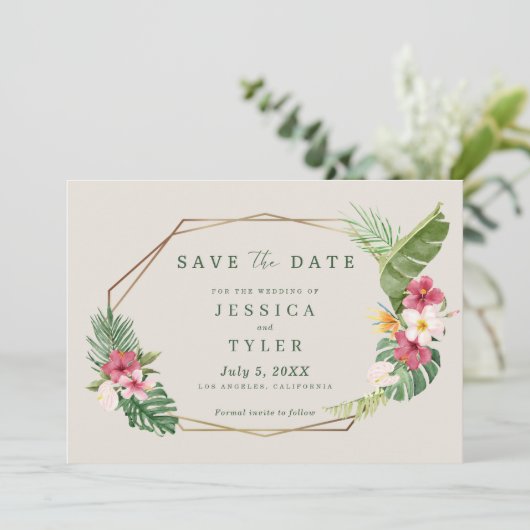 Tropisch strand bruiloft save the date (Staand voorkant)
