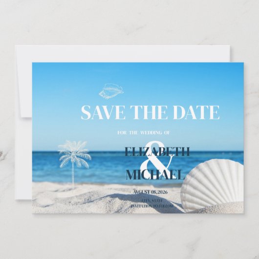 Tropisch strand bruiloft save the date (Voorkant)