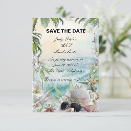 Tropisch strand bruiloft Save The Date kaart (Staand voorkant)