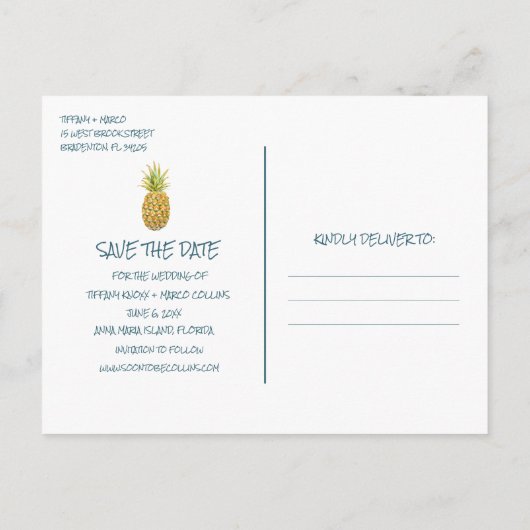 Tropisch strand bruiloft slaat de datum op aankondigingskaart (Achterkant)
