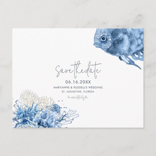 Tropisch strand bruiloft slaat de datum op aankondigingskaart (Voorkant)