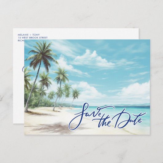 Tropisch strand bruiloft slaat de datum op aankondigingskaart (Voorkant / Achterkant)