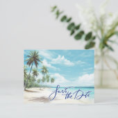 Tropisch strand bruiloft slaat de datum op aankondigingskaart (Staand voorkant)