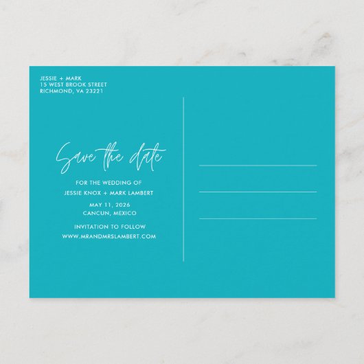 Tropisch strand bruiloft slaat de datum op aankondigingskaart (Achterkant)