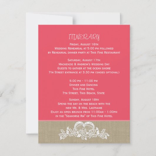 Tropisch strand bruilofts itinerarium met zeeversi kaart (Voorkant)