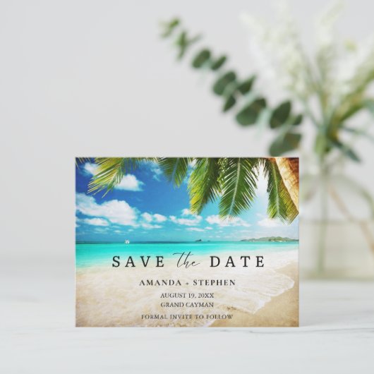 Tropisch strand budget bruiloft sparen de datum aankondigingskaart (Staand voorkant)