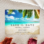 Tropisch strand budget bruiloft sparen de datum aankondigingskaart<br><div class="desc">Een bruiloft met een Tropisch strandbudget,  behalve de datum briefkaarten voor je bruiloft op het strand. Voeg uw gegevens toe aan de voor- en achterzijde van de kaart met de sjabloon.</div>