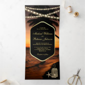 Tropisch strand Dark Sunset String Lights bruiloft Drieluik Uitnodiging (Binnen)