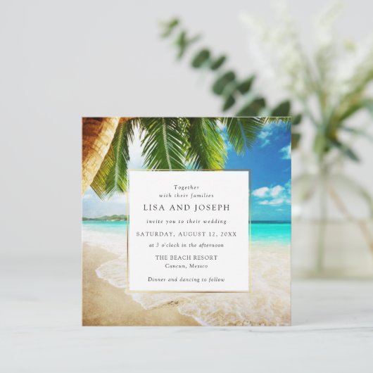 Tropisch strand Destination Wedding Aankondiging (Staand voorkant)