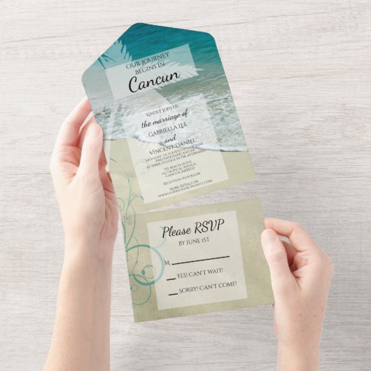Tropisch strand Destination Wedding All In One Uitnodiging (Afscheurbaar)