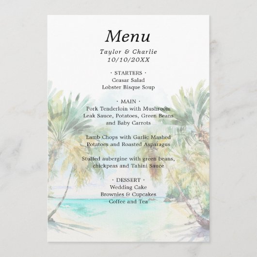 Tropisch strand Destination Wedding Menu (Voorkant)