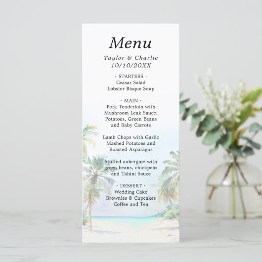 Tropisch strand Destination Wedding Menu (Staand voorkant)