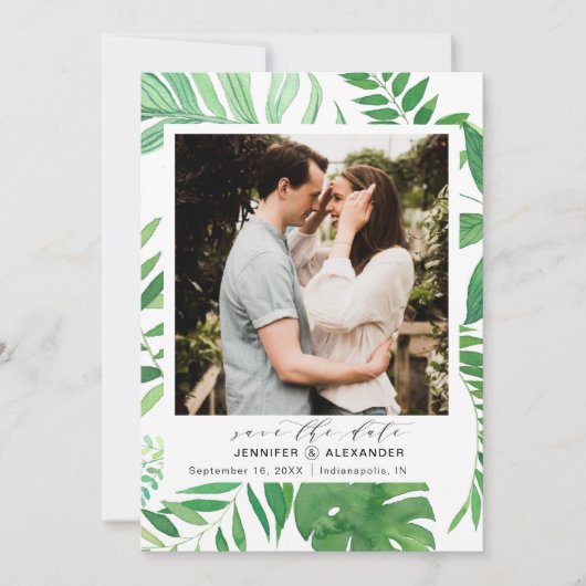 Tropisch strand Elegant groen Foto Save The Date (Voorkant)