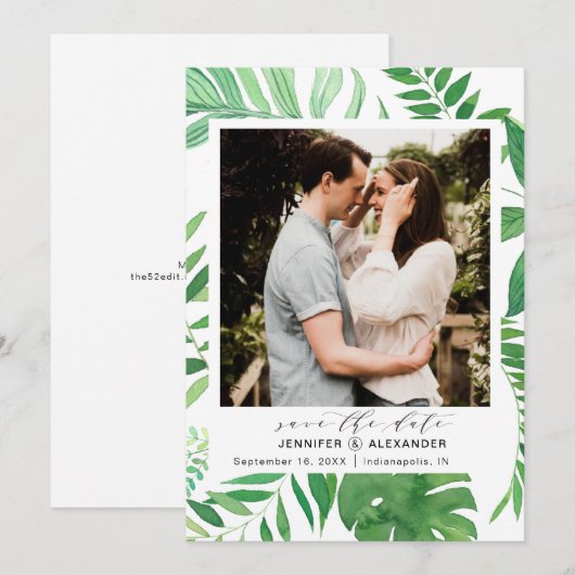 Tropisch strand Elegant groen Foto Save The Date (Voorkant / Achterkant)