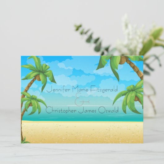 Tropisch strand en palmbomen bruiloft kaart (Staand voorkant)