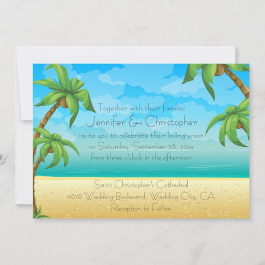 Tropisch strand en palmbomen bruiloft kaart (Achterkant)