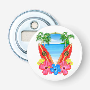 Tropisch strand en surfplanken button flesopener