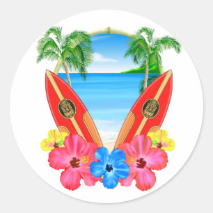 Tropisch strand en surfplanken ronde sticker