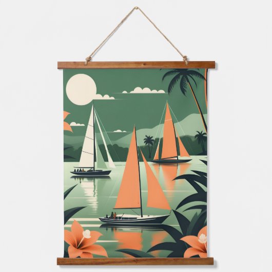 tropisch strand en zeilboten Retro Hangend Wandkleed (Voorkant)