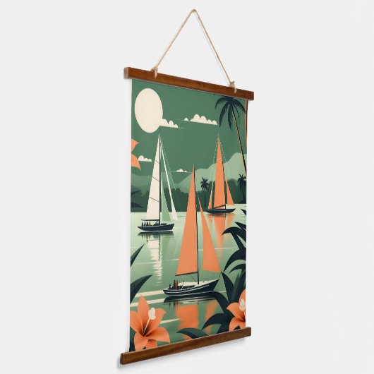 tropisch strand en zeilboten Retro Hangend Wandkleed (Gebogen)