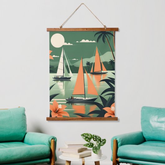  tropisch strand en zeilboten Retro Hangend Wandkleed (Woonkamer)